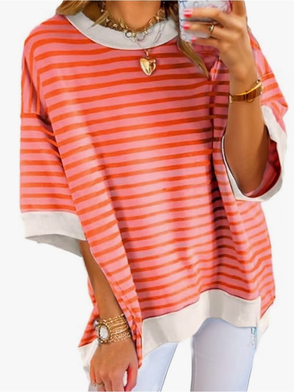 Striped Pink & Orange Oversized Women’s Top - Casual Crewneck sz sm NEW!